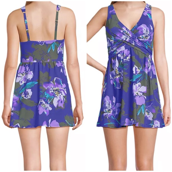 Lands end Wrap Floral V-Neck Purple One-Piece Swim Dress - Picture 3 of 5